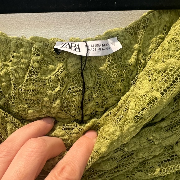 ZARA Off-Shoulder Pistachio Lace Top — Semi Sheer, Ruched, (Sz M, Fits S) - Picture 9 of 10